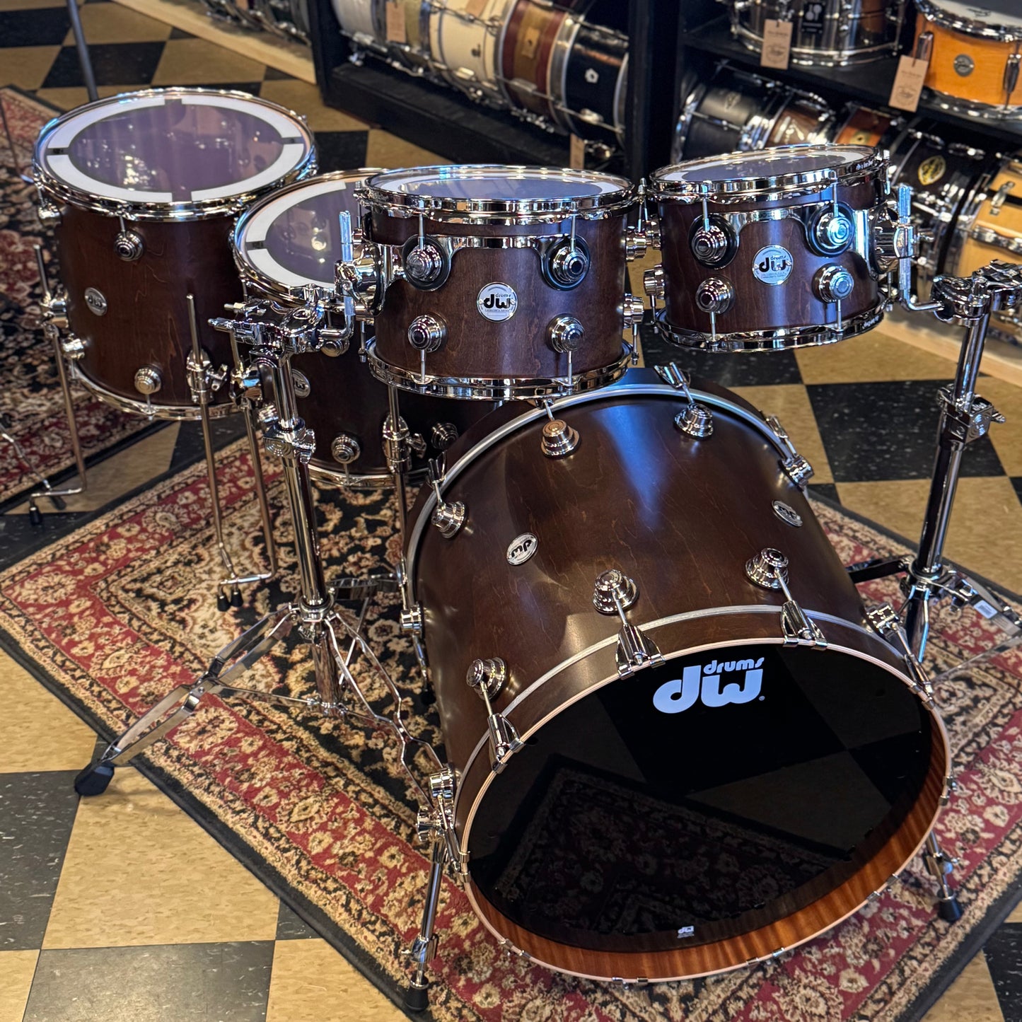 NEW DW Collector's Series Maple-Mahogany w/ Vertical Maple Outer & Nickel Hardware in Walnut Satin Oil - 18x22, 7x10, 8x12, 12x14, 14x16