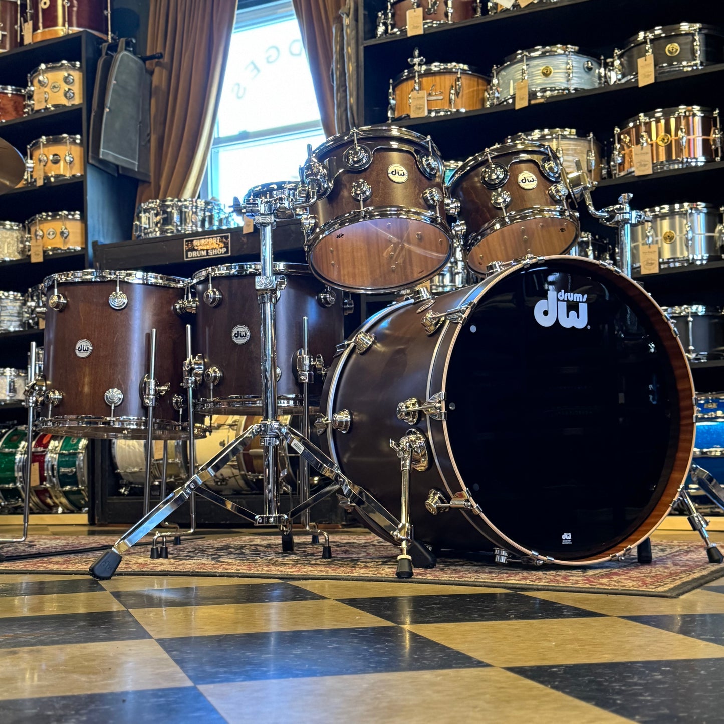 NEW DW Collector's Series Maple-Mahogany w/ Vertical Maple Outer & Nickel Hardware in Walnut Satin Oil - 18x22, 7x10, 8x12, 12x14, 14x16