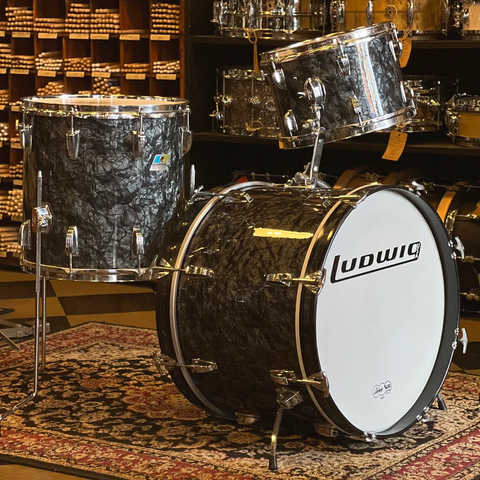 VINTAGE 1970 Ludwig Blue & Olive Badge Downbeat Outfit in Black Diamond Pearl - 14x20, 8x12, 14x14