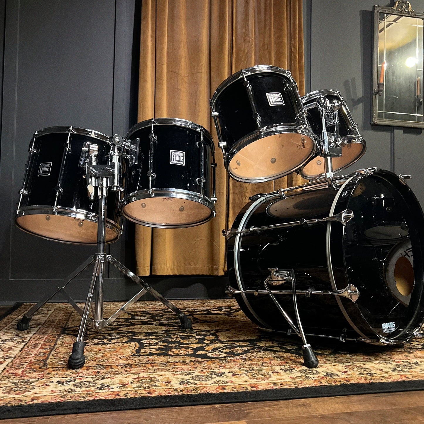 VINTAGE 1989-1990 Sonor HiLite Fusion Outfit in Piano Black Lacquer - 16x20, 9x10, 10x12, 11x13, 12x15