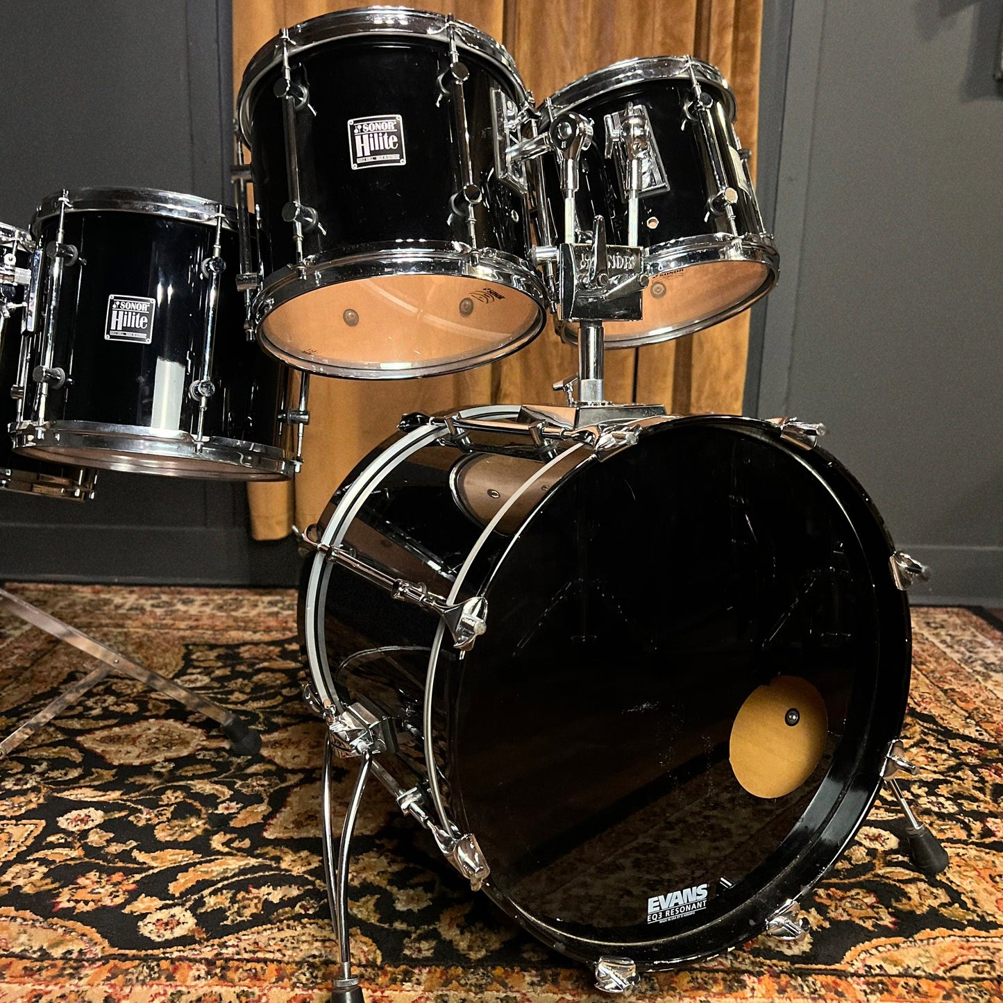 VINTAGE 1989-1990 Sonor HiLite Fusion Outfit in Piano Black Lacquer - 16x20, 9x10, 10x12, 11x13, 12x15