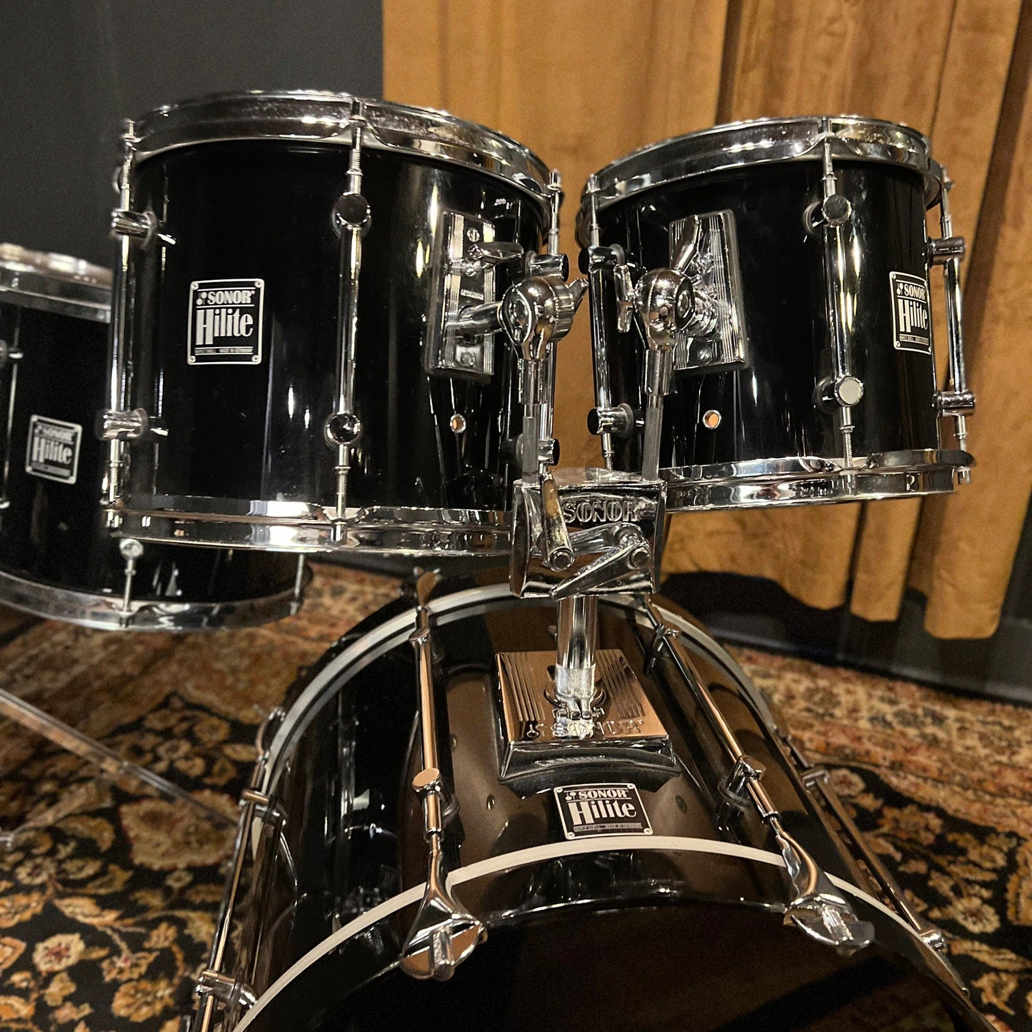 VINTAGE 1989-1990 Sonor HiLite Fusion Outfit in Piano Black Lacquer - 16x20, 9x10, 10x12, 11x13, 12x15