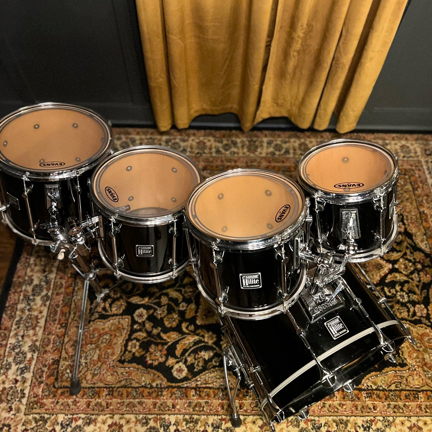 VINTAGE 1989-1990 Sonor HiLite Fusion Outfit in Piano Black Lacquer - 16x20, 9x10, 10x12, 11x13, 12x15