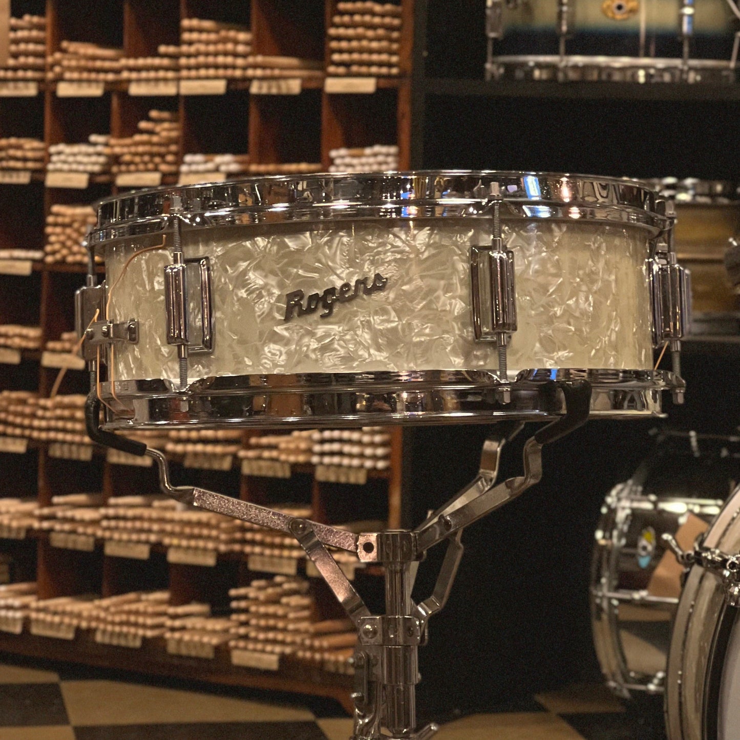 VINTAGE 1960's Rogers Luxor Outfit in White Marine Pearl - 14x20, 8x12, 14x14 & 5x14 Snare