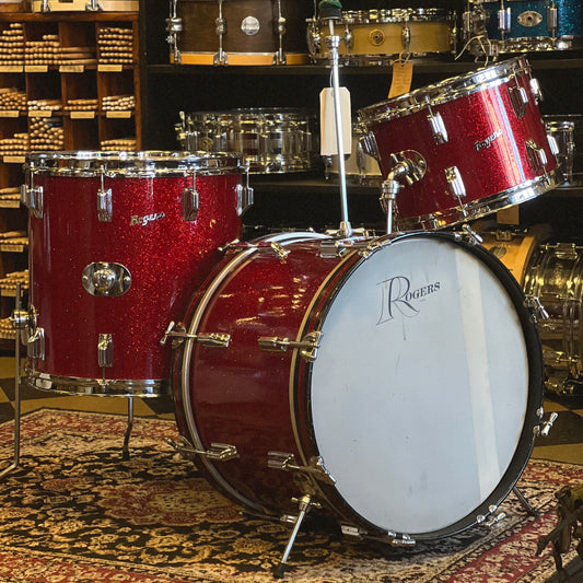 VINTAGE 1960's Rogers Cleveland Era Drum Set in Sparkling Red Pearl - 14x20, 9x13, 16x16