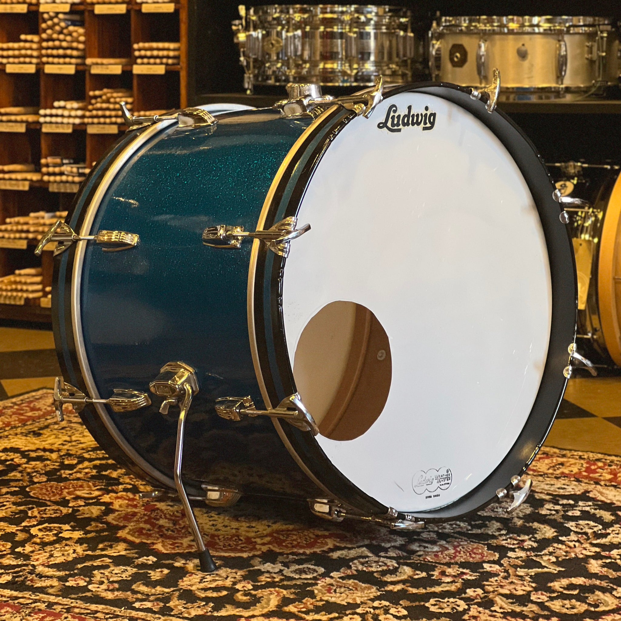 VINTAGE 1968 Ludwig 14x20 Bass Drum in Blue Sparkle Badges Drum Shop