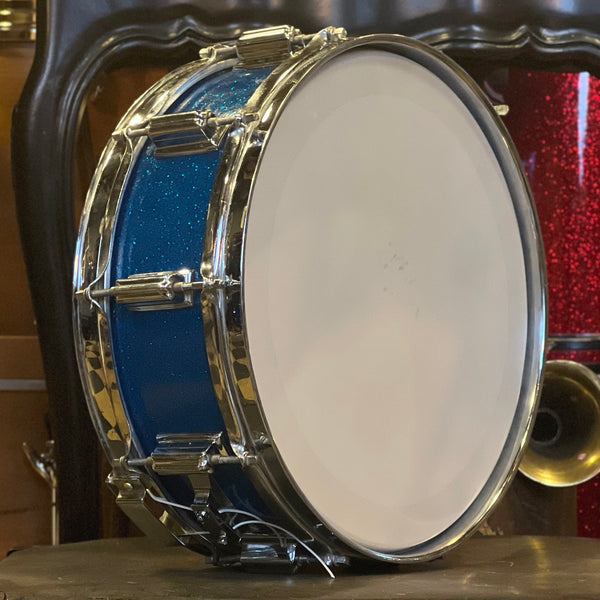 VINTAGE 1960's Rogers 5x14 Dynasonic Wood Snare Drum in Blue Sparkle