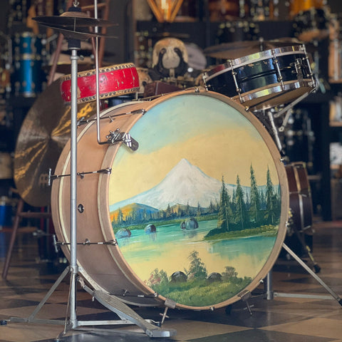 VINTAGE 1936 Slingerland Radio Outfit with Natural Satin Bass Drum & 5x14 Universal Model Black Lacquer Snare Drum