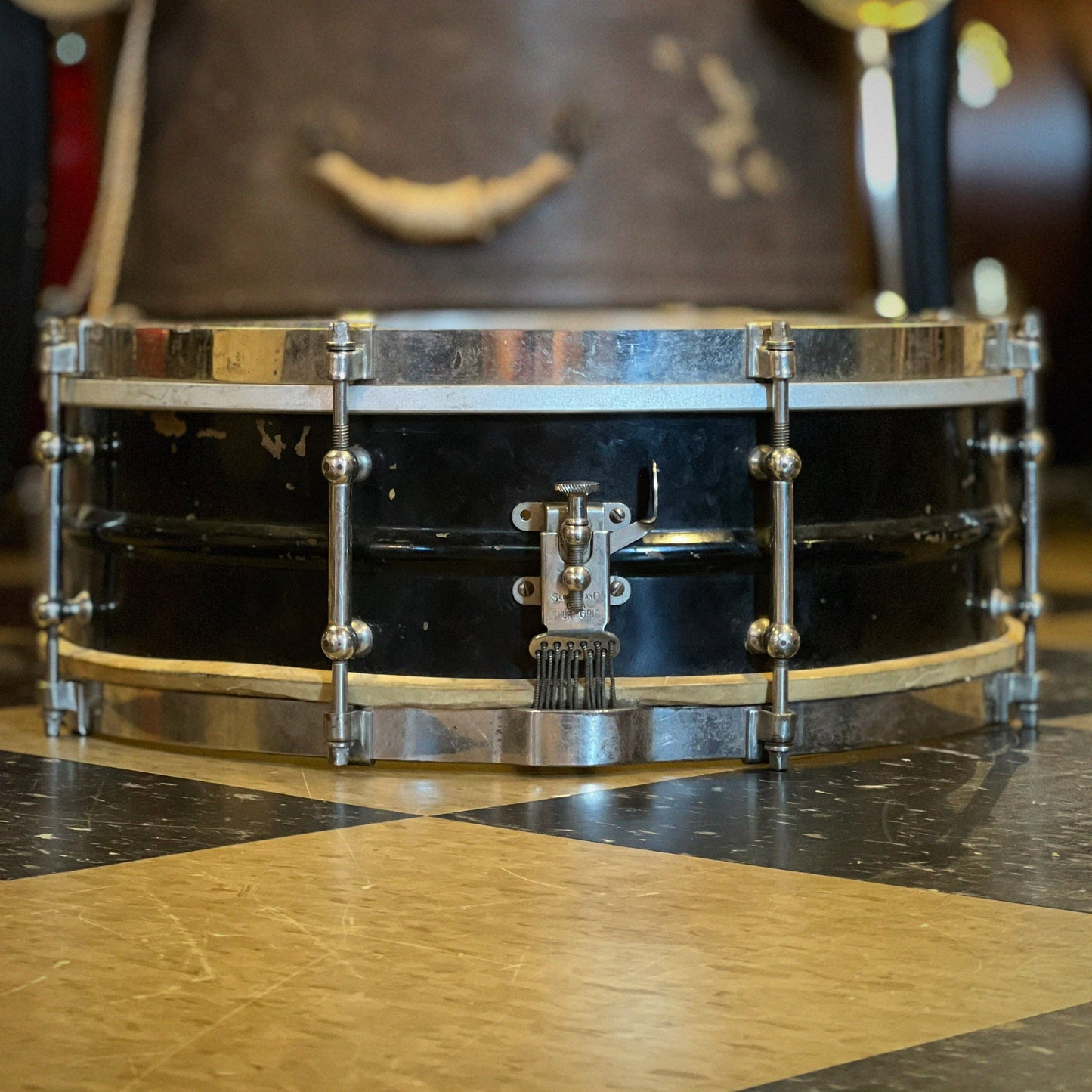 VINTAGE 1936 Slingerland Radio Outfit with Natural Satin Bass Drum & 5x14 Universal Model Black Lacquer Snare Drum