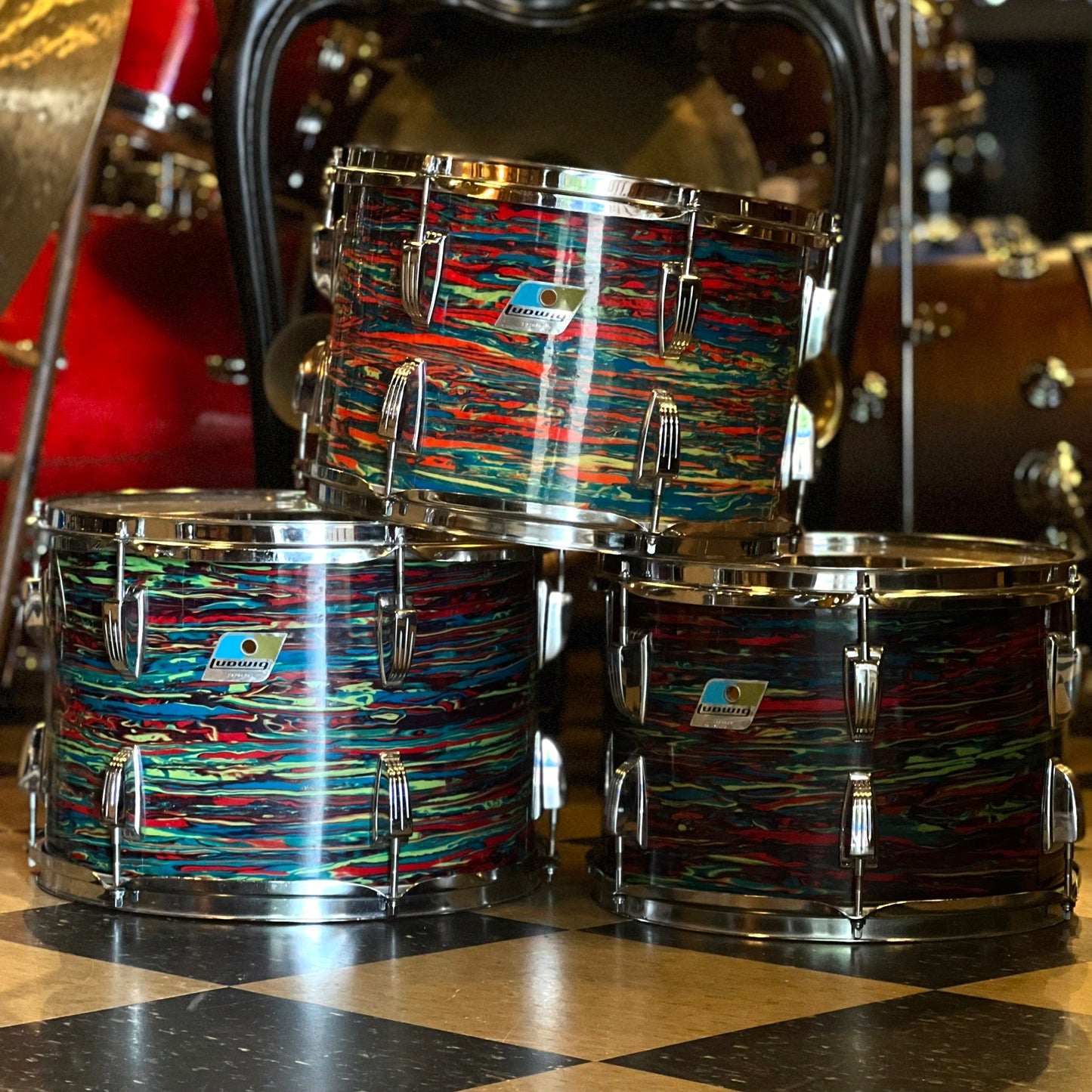 VINTAGE 1970's Ludwig Psychedelic Red Double Bass Outfit - 14x20, 14x20, 9x13, 9x13, 10x14, 16x18