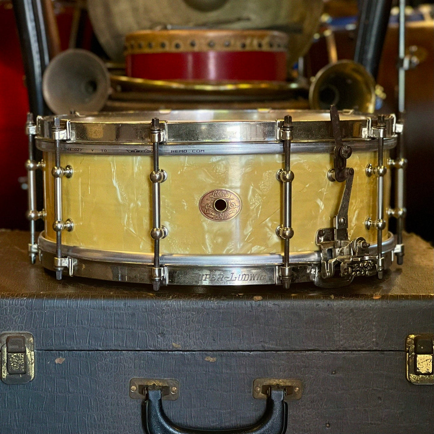 VINTAGE 1920's Ludwig 5x14 "Super Ludwig" Snare Drum in White Marine Pearl