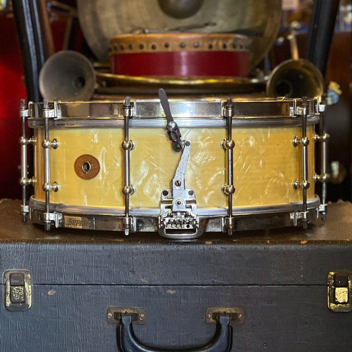 VINTAGE 1920's Ludwig 5x14 "Super Ludwig" Snare Drum in White Marine Pearl