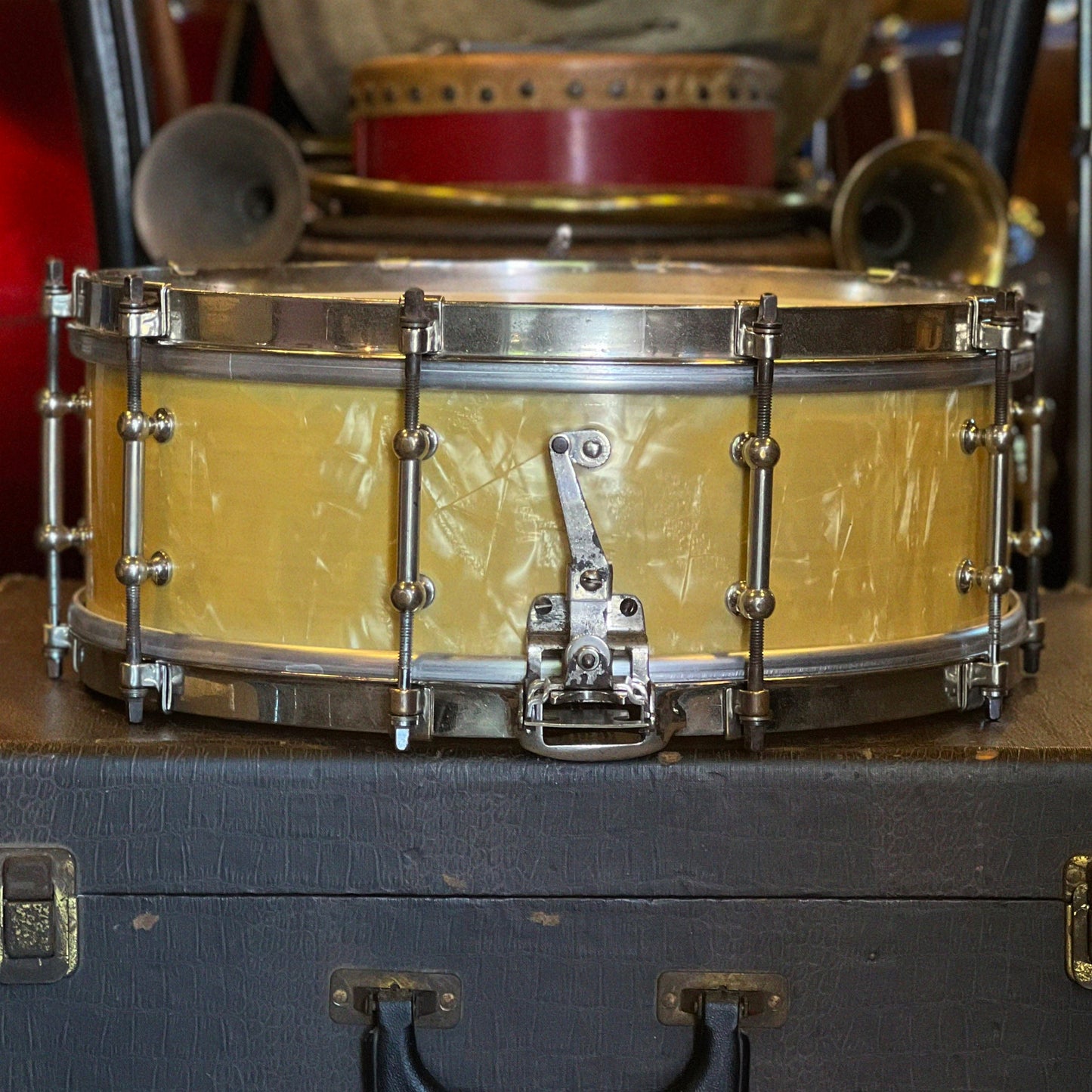 VINTAGE 1920's Ludwig 5x14 "Super Ludwig" Snare Drum in White Marine Pearl