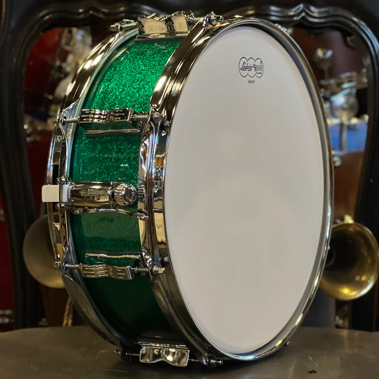 NEW Ludwig 5x14 Legacy Mahogany Snare Drum in Green Sparkle