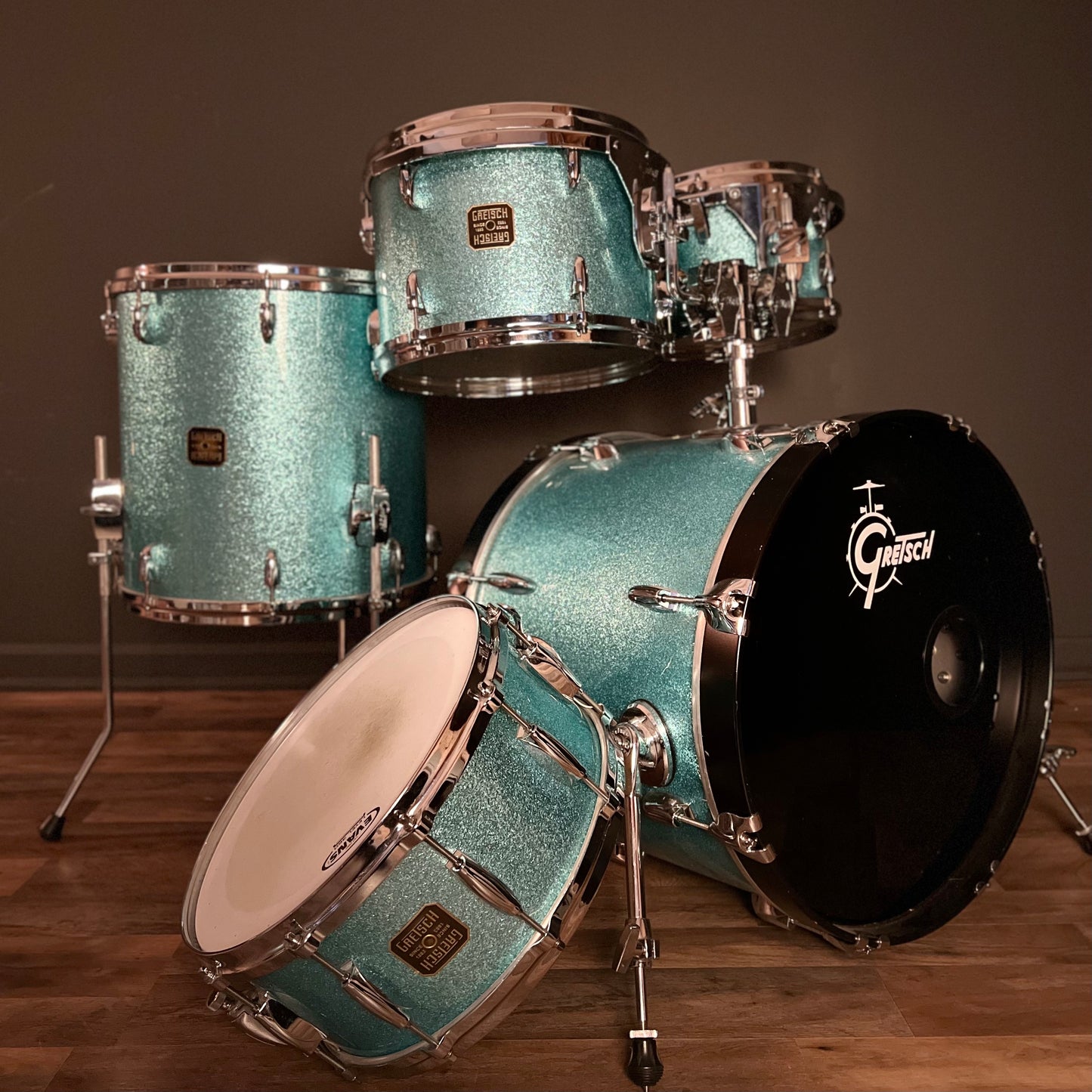 USED Mid 2000's Gretsch USA Custom Drum Set in Turquoise Glitter - 16x20, 7x10, 9x13, 16x16 & 6.5x14