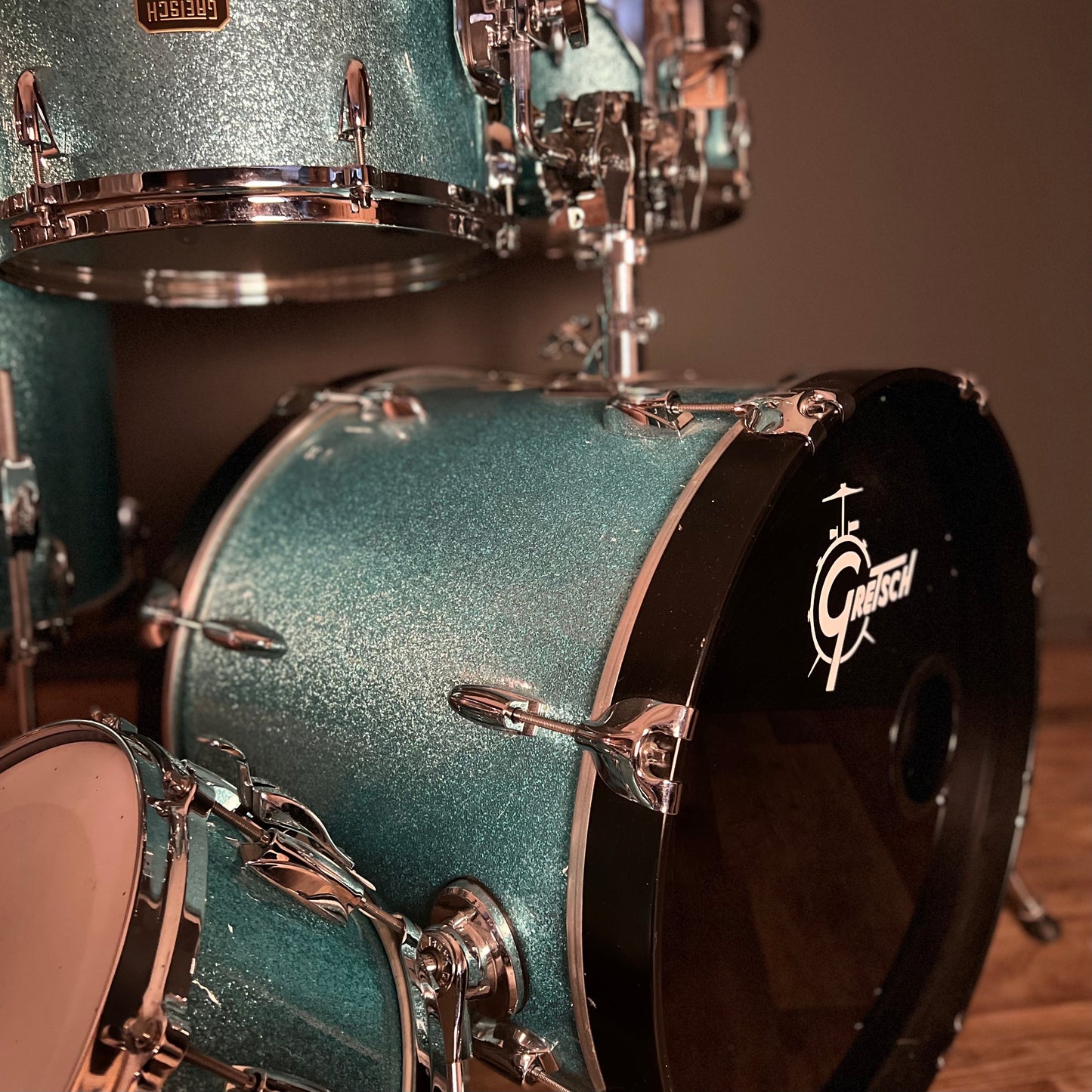 USED Mid 2000's Gretsch USA Custom Drum Set in Turquoise Glitter - 16x20, 7x10, 9x13, 16x16 & 6.5x14