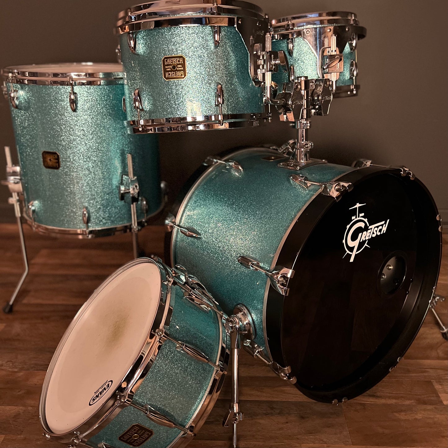 USED Mid 2000's Gretsch USA Custom Drum Set in Turquoise Glitter - 16x20, 7x10, 9x13, 16x16 & 6.5x14