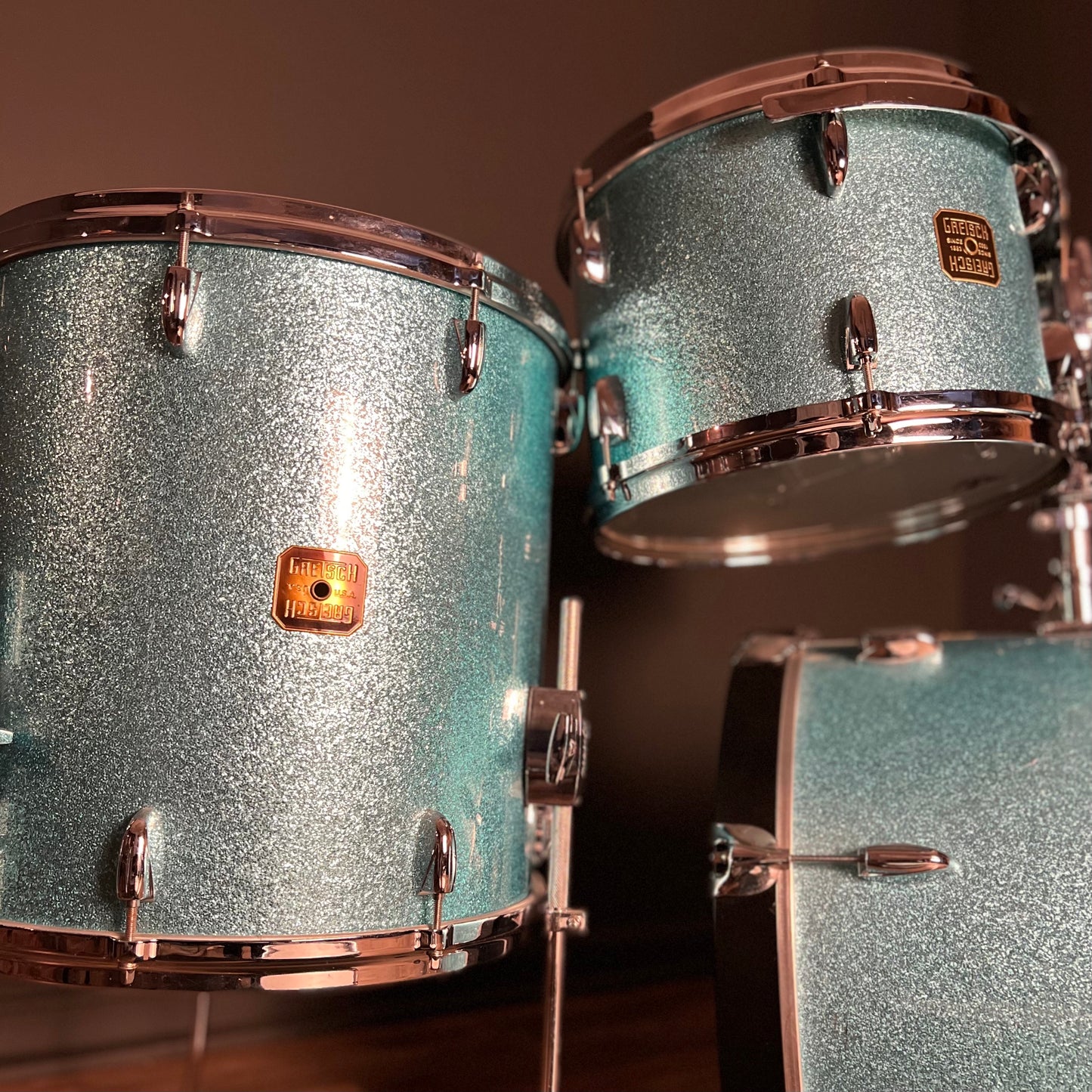 USED Mid 2000's Gretsch USA Custom Drum Set in Turquoise Glitter - 16x20, 7x10, 9x13, 16x16 & 6.5x14