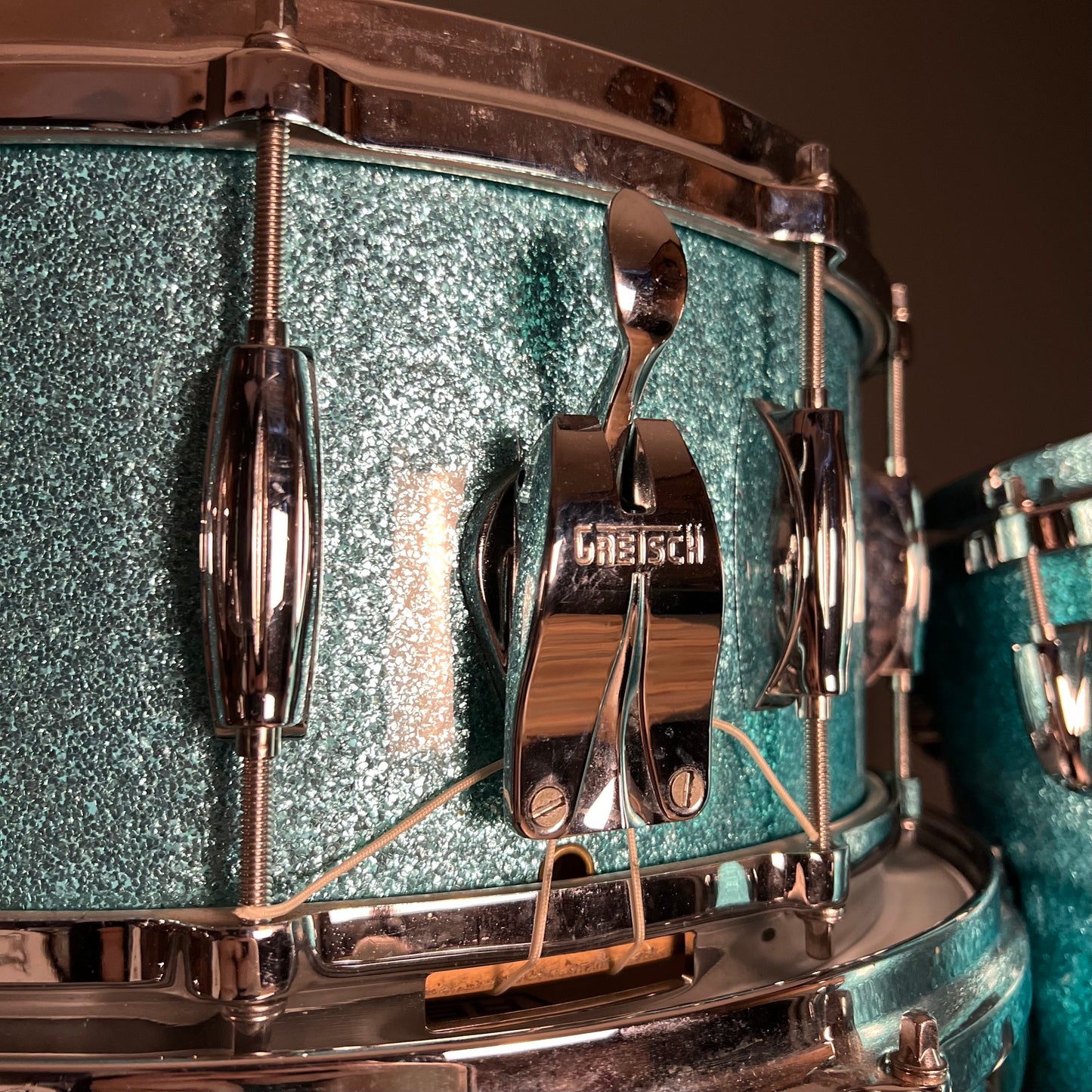 USED Mid 2000's Gretsch USA Custom Drum Set in Turquoise Glitter - 16x20, 7x10, 9x13, 16x16 & 6.5x14