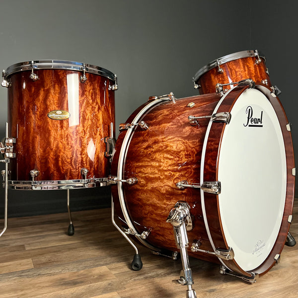 MINT Pearl Masterworks Maple Gum Drum Set in Artisan Lava Bubinga Burst Gloss - 14x24, 7x13, 16x16