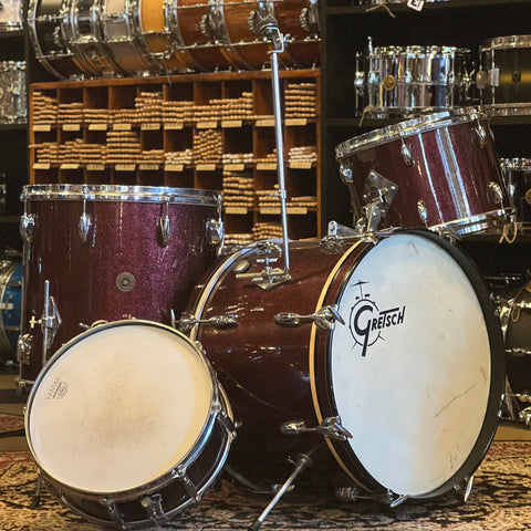 VINTAGE 1960's Gretsch Round Badge "Name Band" Outfit in Burgundy Sparkle Rewrap - 14x20, 9x13, 16x16, & 5x14