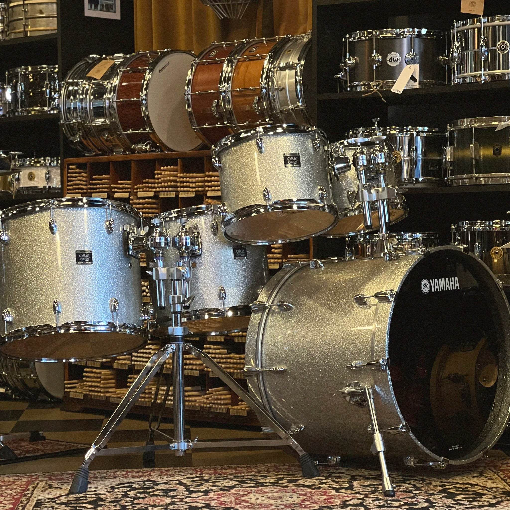 USED Yamaha Oak Custom Drum Set in Silver Sparkle Lacquer - 17x22, 8x10, 9x12, 12x14, 14x16