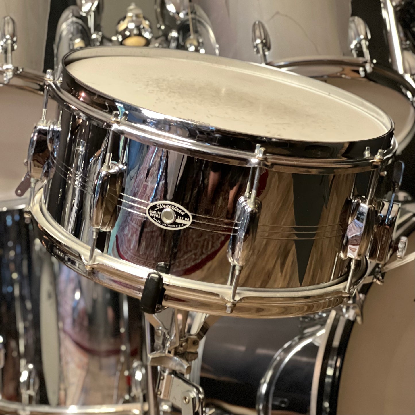 VINTAGE 1976 Slingerland 70N RJB Outfit in Chrome over Wood w/ Chrome over Brass Sound King Snare Drum - 14x24, 8x12, 9x13, 10x14, 10x15, 18x20 & 6.5x14