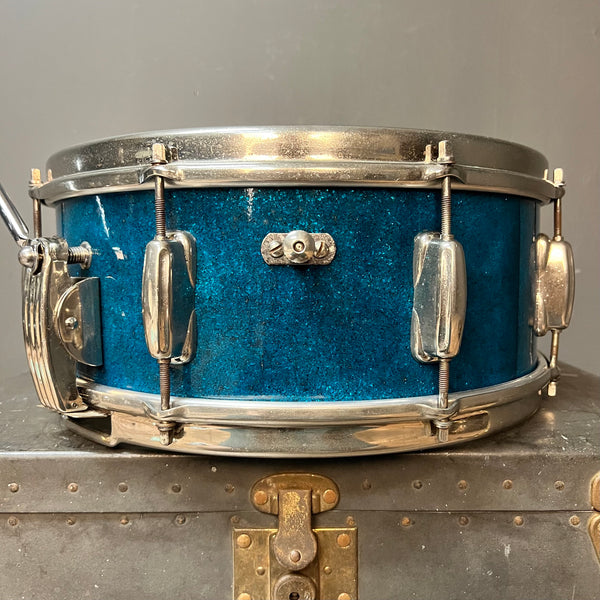Vintage 1950's Slingerland 5.5x14 Solid Shell Gene Krupa Radio King Snare Drum in Aqua "Blue" Sparkle