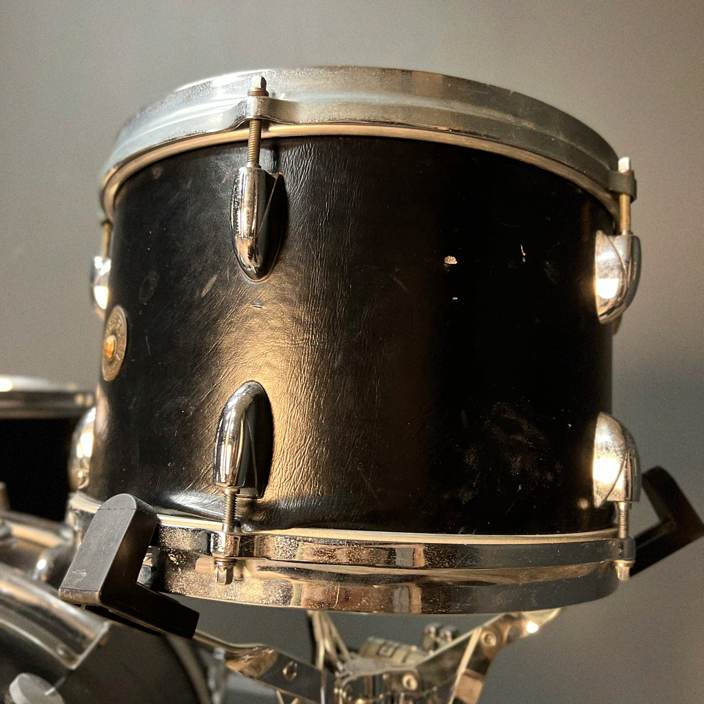 VINTAGE 1960's Gretsch Round Badge Rewrap in Faux Black Leather - 14x20, 8x12, 16x16