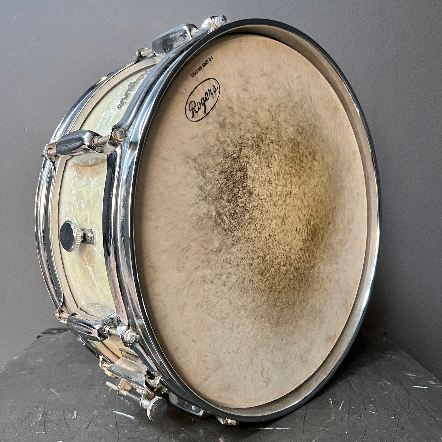 VINTAGE 1960's Rogers 5x14 Tower Snare Drum in White Marine Pearl
